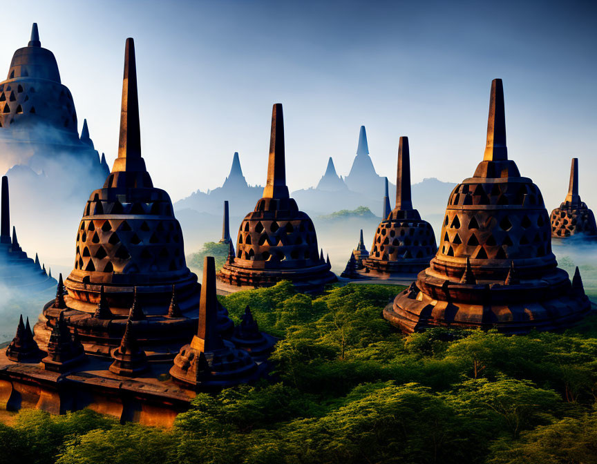 Silhouetted spires of ancient temple complex at dawn above misty forest