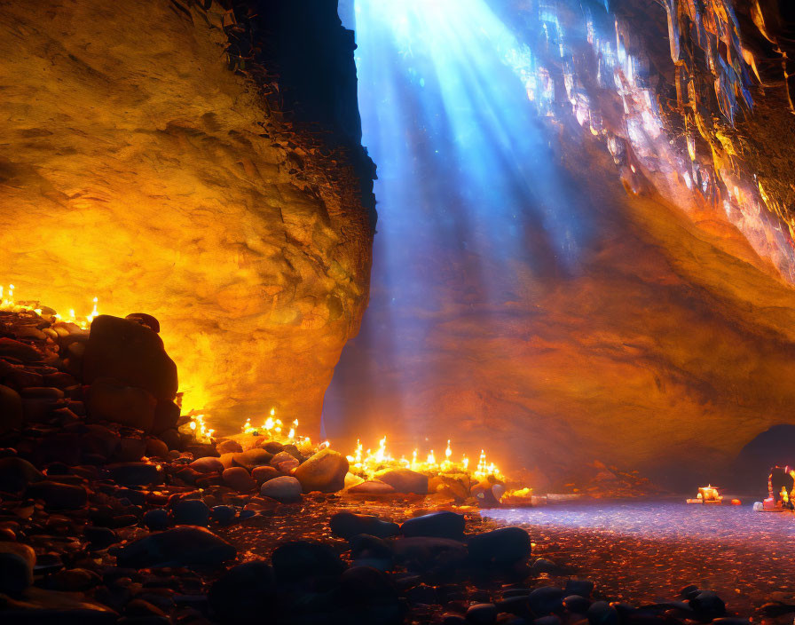 Candlelit cave interior with sunlight beam