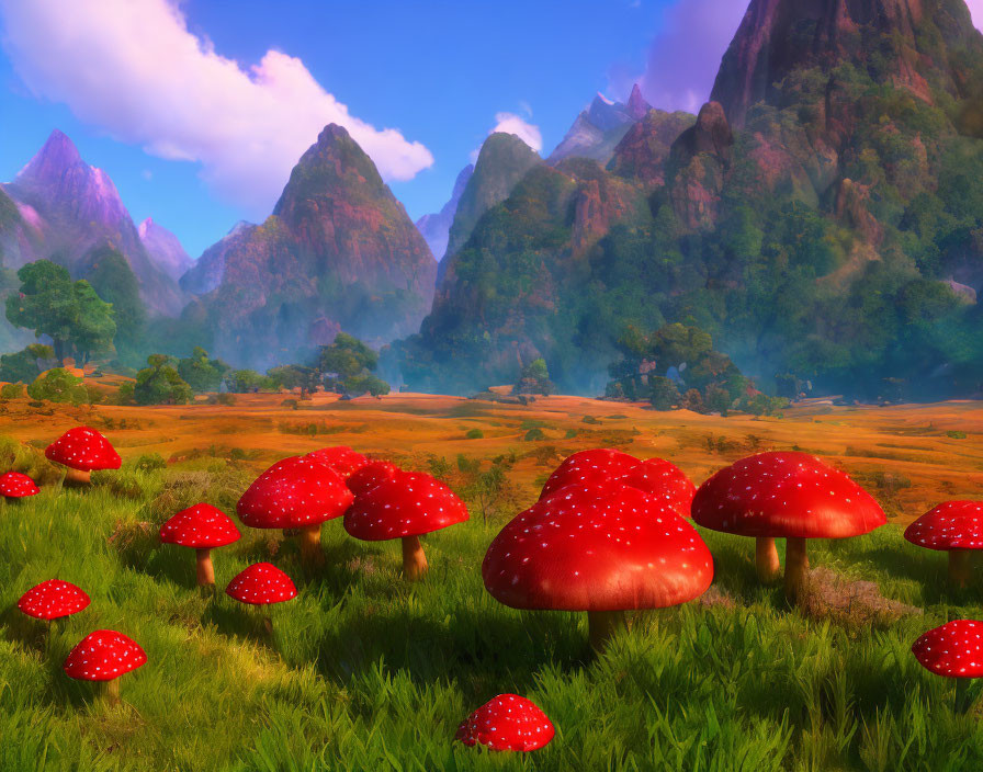 Colorful landscape with oversized red mushrooms in lush meadow and jagged mountains against clear blue sky