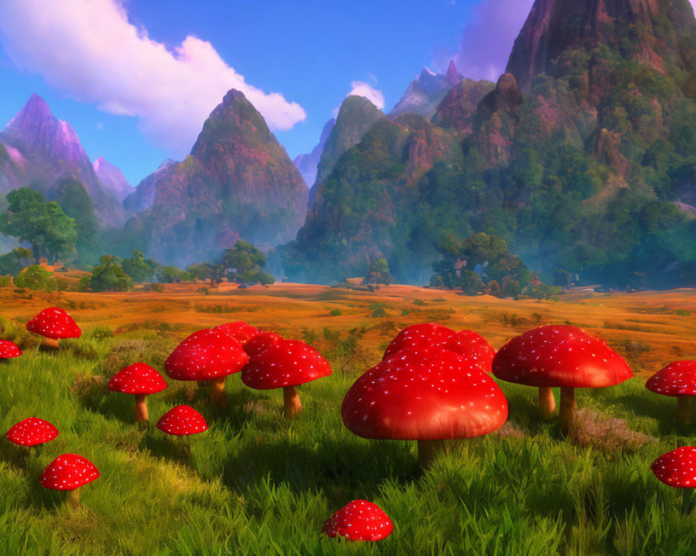 Colorful landscape with oversized red mushrooms in lush meadow and jagged mountains against clear blue sky