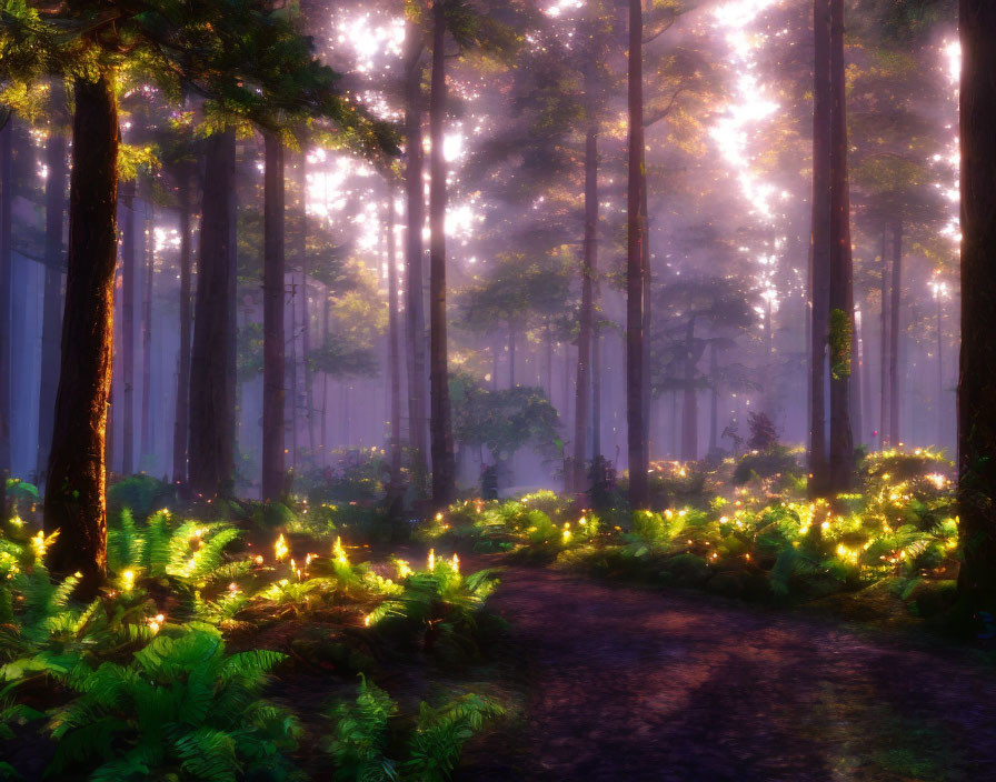 Misty forest with sunlight filtering through, illuminating ferns and trees