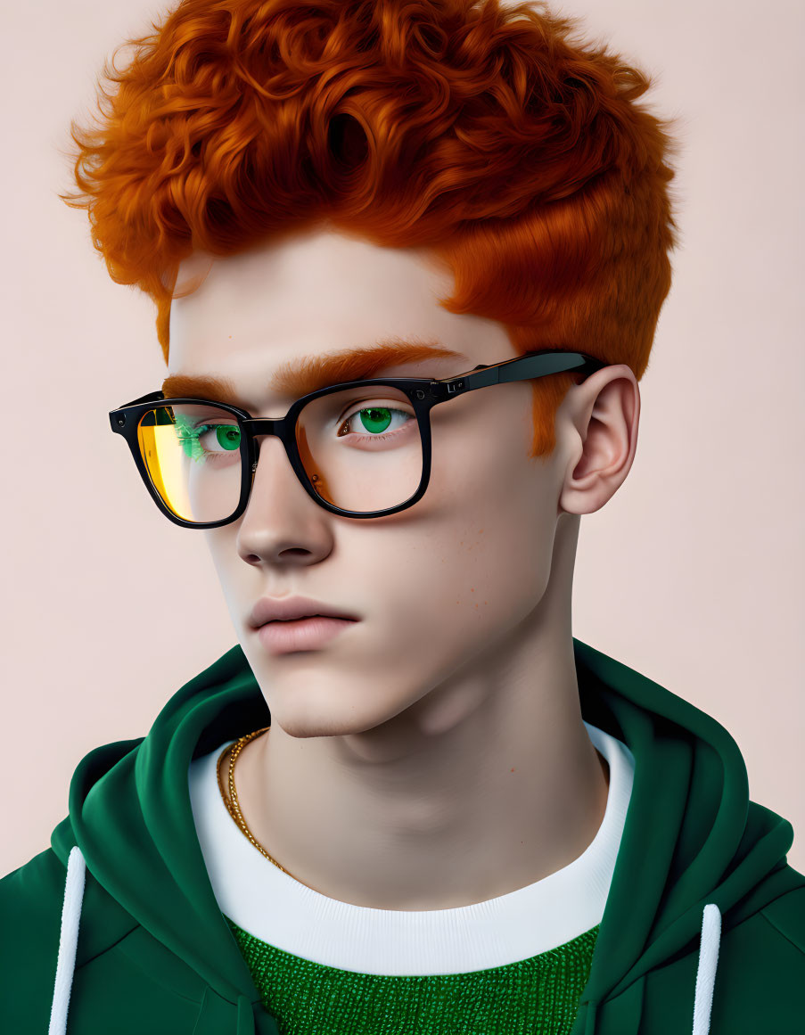 3D-rendered image of a person with fiery orange hair, green-framed glasses, green hoodie