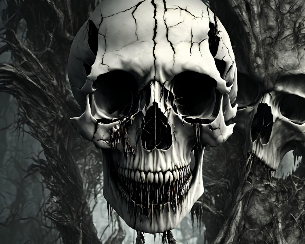 Eerie 3D image: cracked skull in gloomy forest