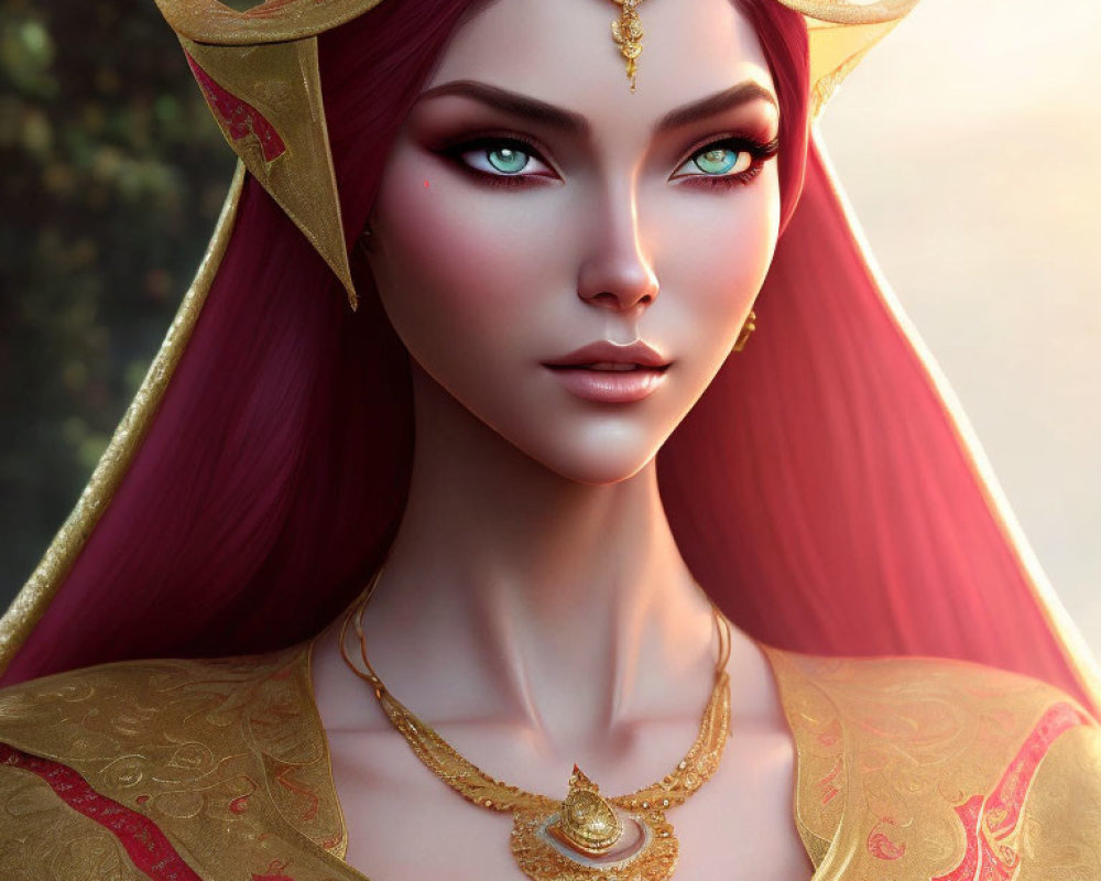 Detailed Illustration of Woman with Red Hair, Green Eyes, Gold Crown, and Jewelry