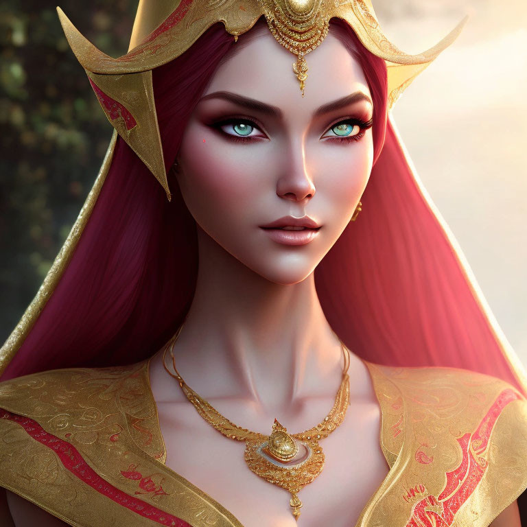 Detailed Illustration of Woman with Red Hair, Green Eyes, Gold Crown, and Jewelry