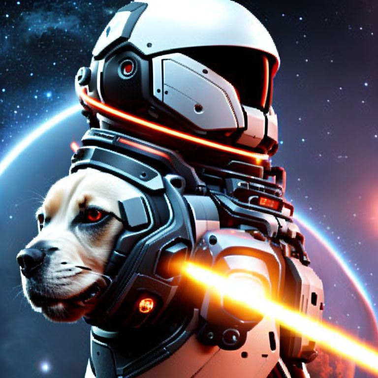 Dog in advanced astronaut suit against cosmic starscape