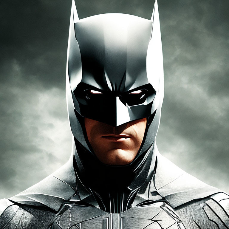 Man in Batman Costume with Intense Gaze and Bat-Emblem on Dark Background