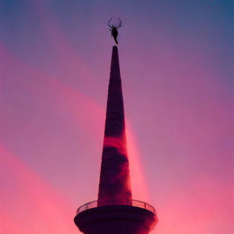 Deer statue silhouette on spiraling tower under pink sky