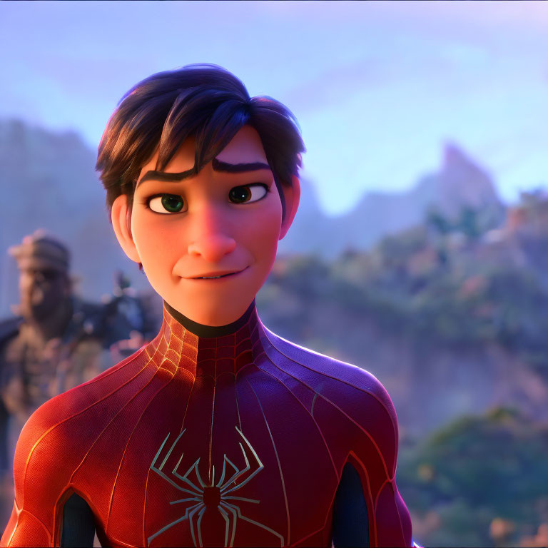 Young male character in red and black spider suit against mountain backdrop