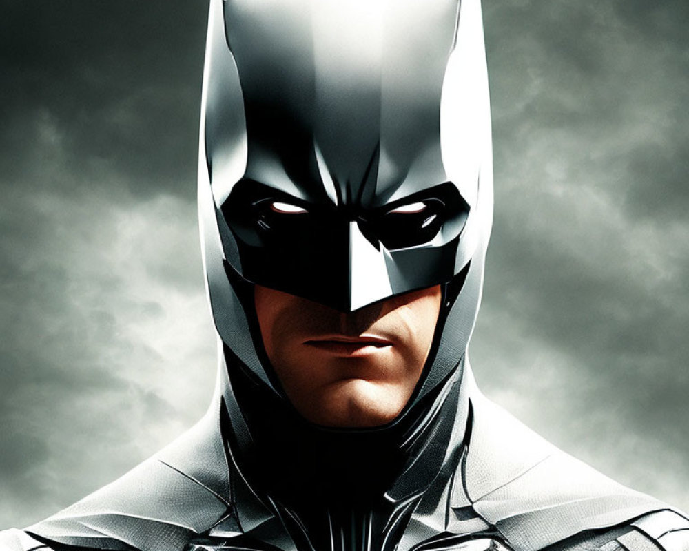 Man in Batman Costume with Intense Gaze and Bat-Emblem on Dark Background