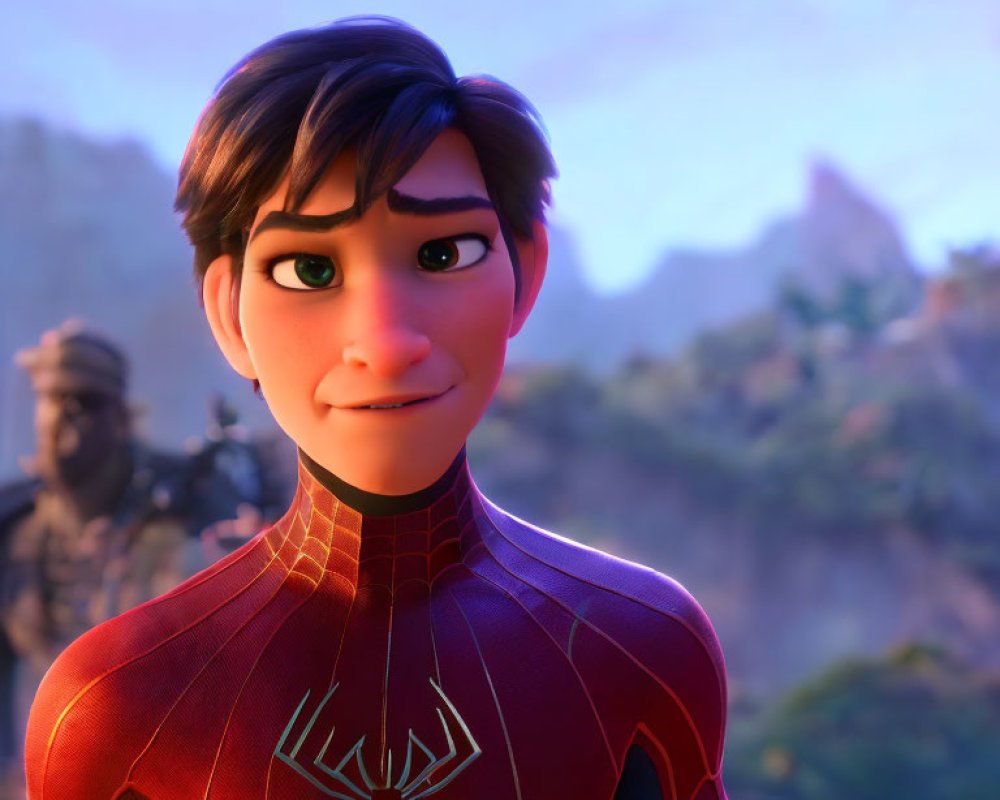 Young male character in red and black spider suit against mountain backdrop