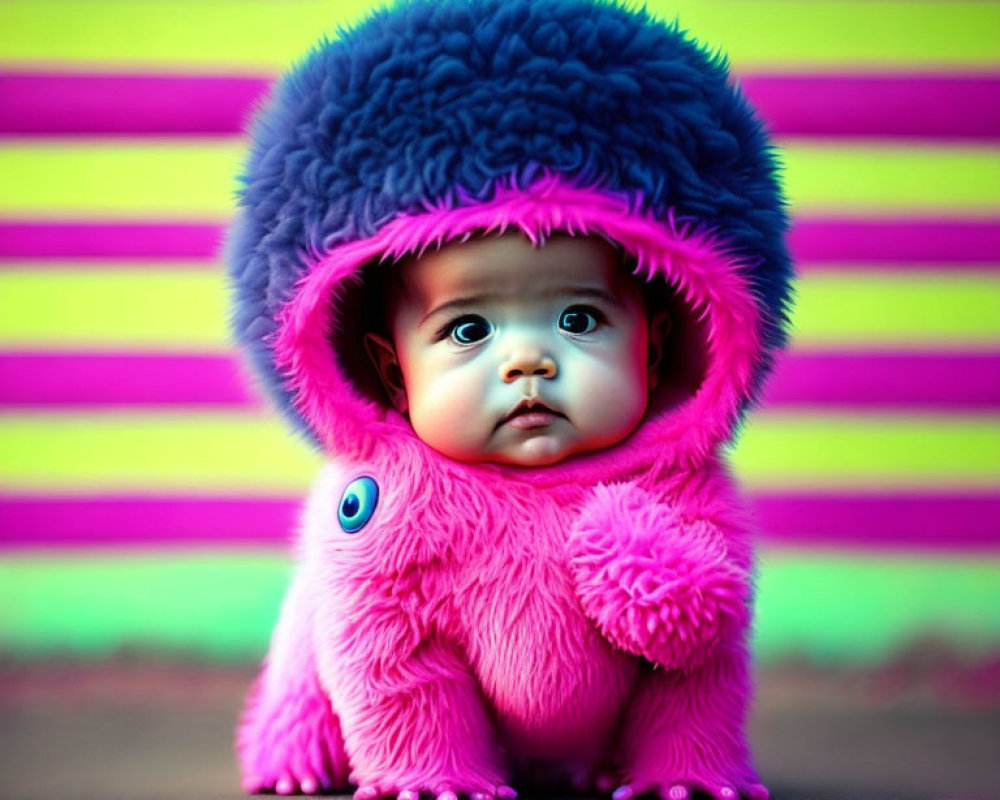 Baby in Pink Furry Suit with Big Blue Hood on Striped Background
