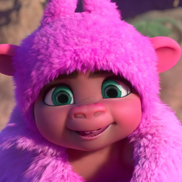 Smiling animated character with green eyes and pink fur