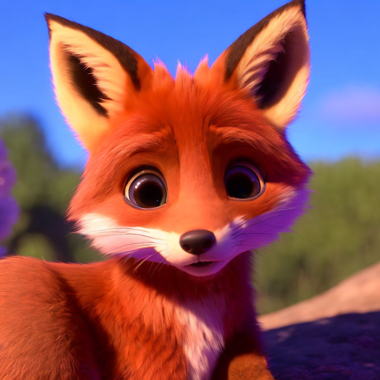 Vibrant 3D animated fox with expressive eyes and orange fur