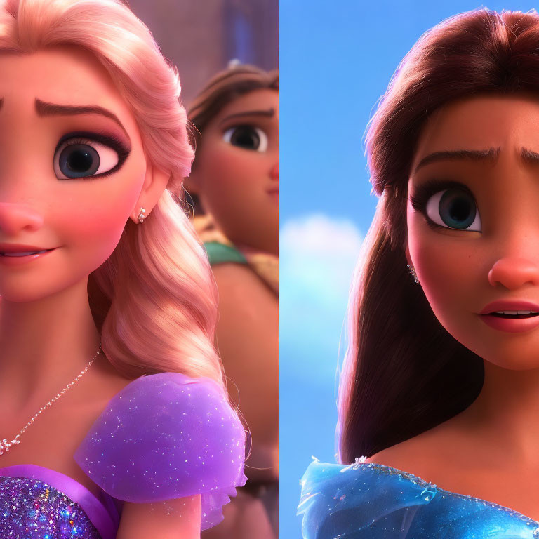 Blonde and brown-haired animated female characters in purple and blue dresses.