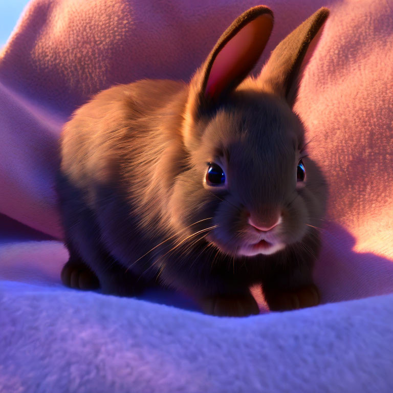 Fluffy brown rabbit with shiny eyes and perky ears on purple blanket