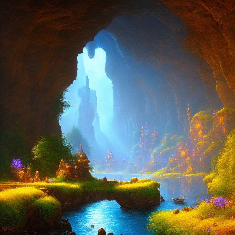 Mystical Cave with Serene Lake and Vibrant Flora