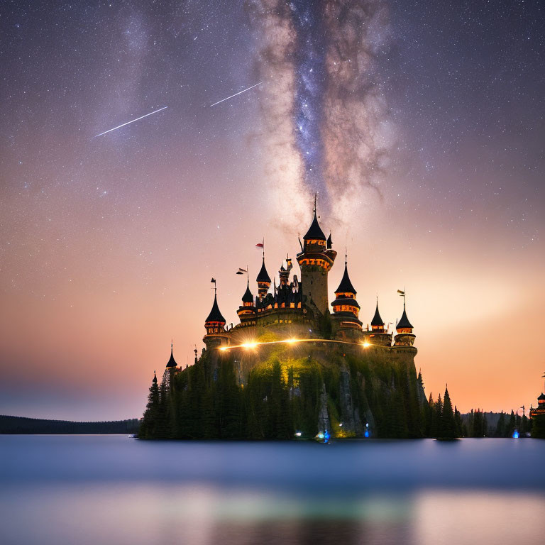 Castle with Multiple Spires under Starry Sky and Milky Way Reflected in Tranquil Lake
