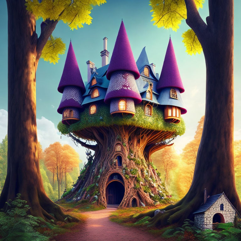 Whimsical treehouse with purple roofs in a lush forest
