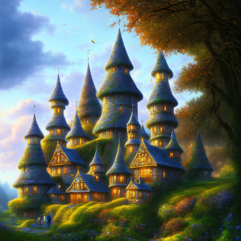 Enchanted castle with spires in twilight forest glade