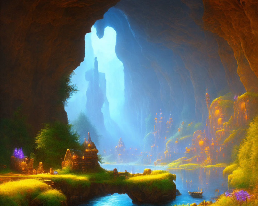 Mystical Cave with Serene Lake and Vibrant Flora