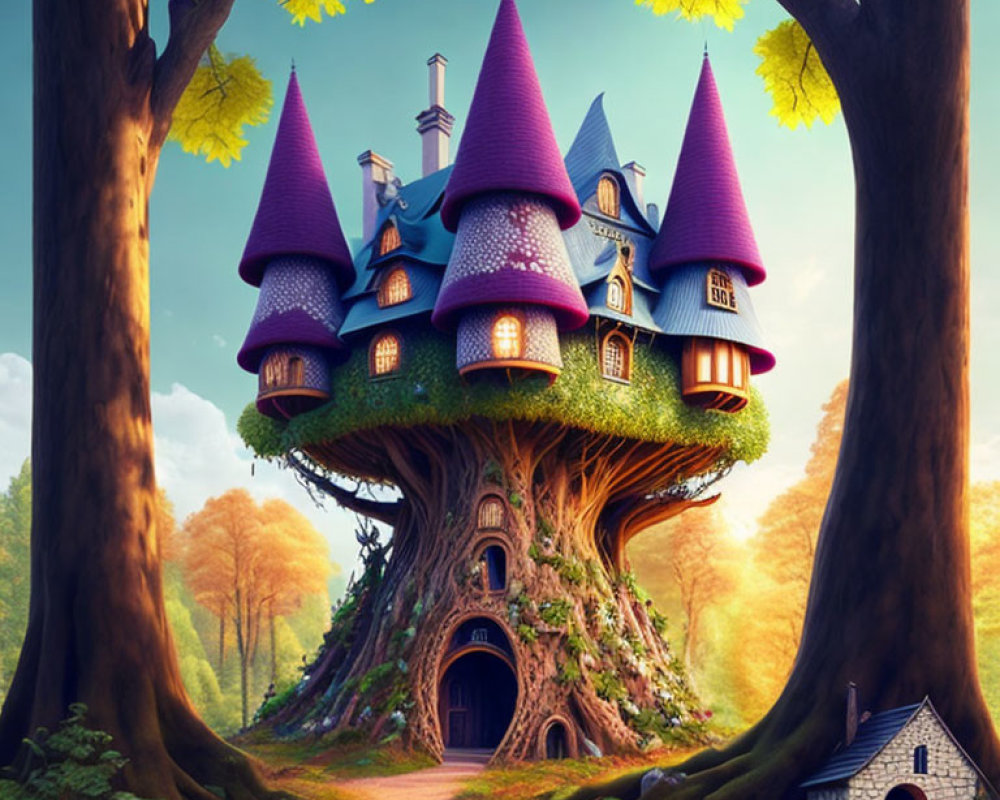 Whimsical treehouse with purple roofs in a lush forest