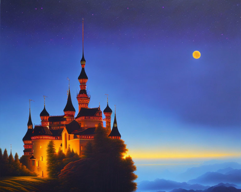 Majestic castle with spires under starry sky and glowing moon