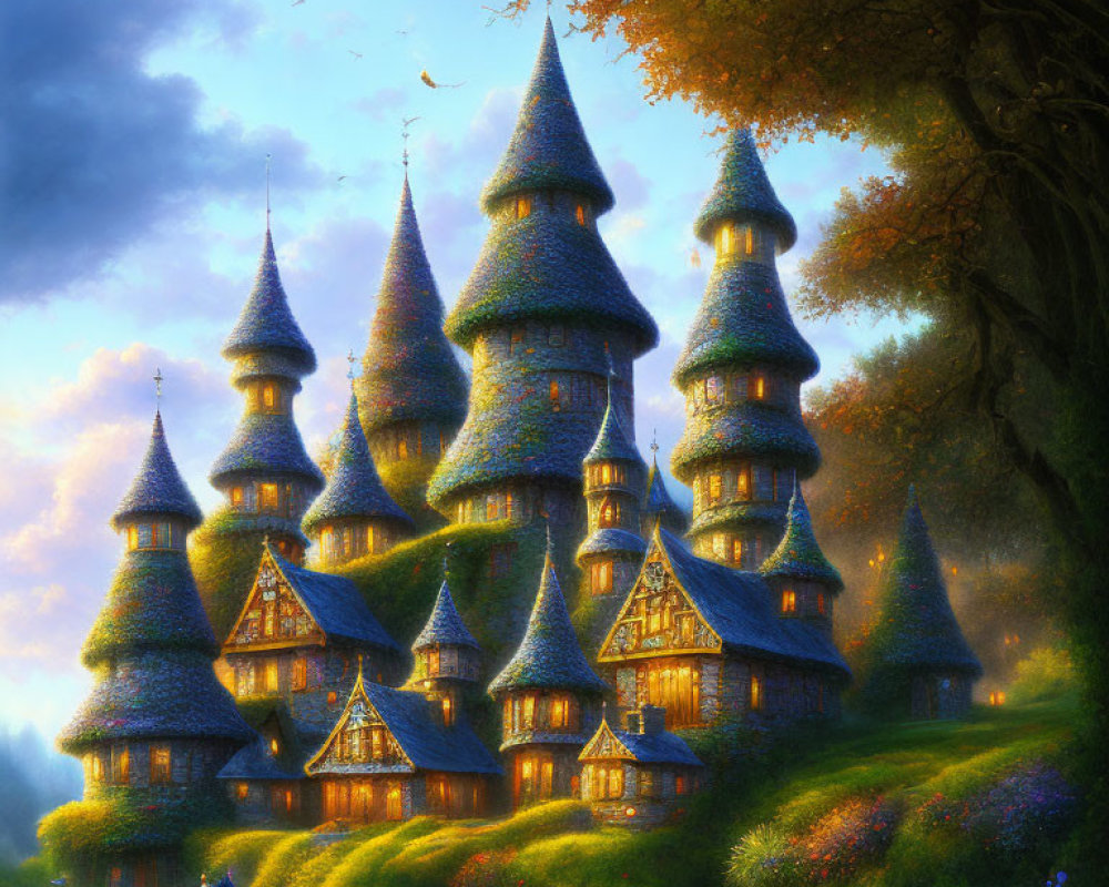 Enchanted castle with spires in twilight forest glade