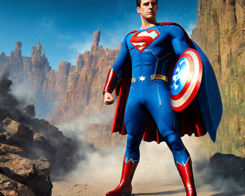 Superhero-themed digital artwork with muscular character in blue suit and iconic shield against rocky backdrop
