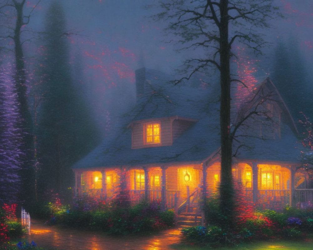 Cozy cottage in misty twilight with lit windows