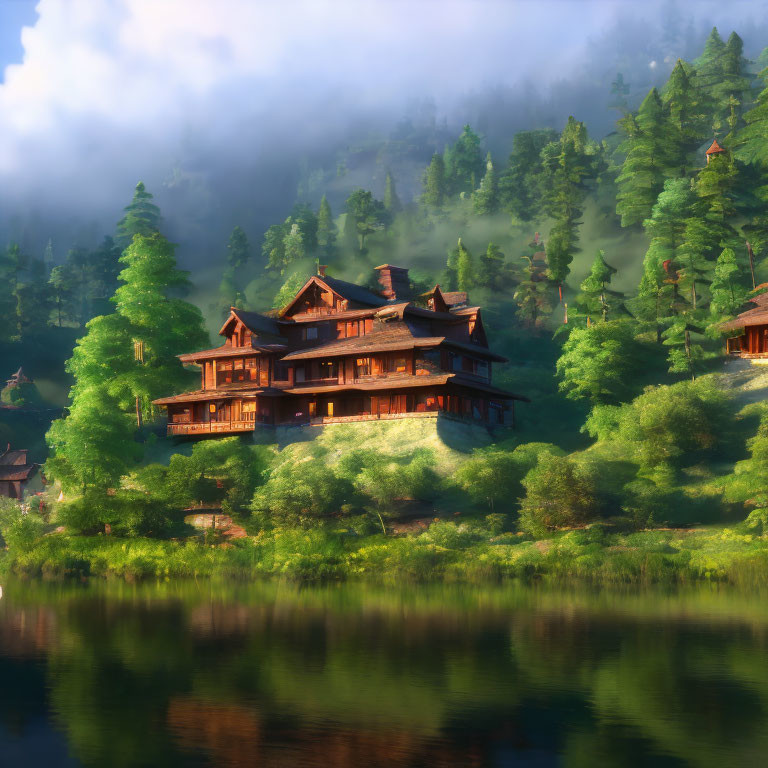 Tranquil lakeside scene with wooden cabin in misty forest