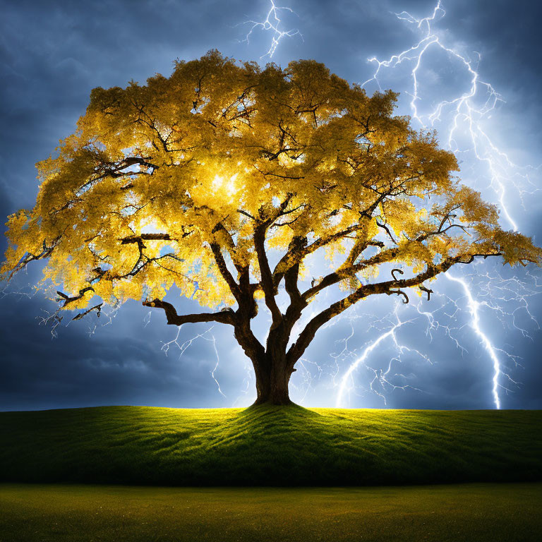Yellow tree on green hill under stormy sky with lightning strikes.