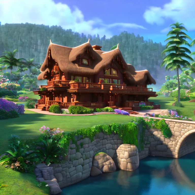 Stylized animated illustration of ornate wooden house in lush green setting
