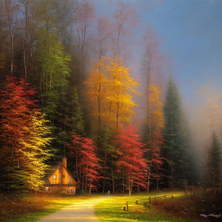 Autumn forest house with warm light and colorful trees