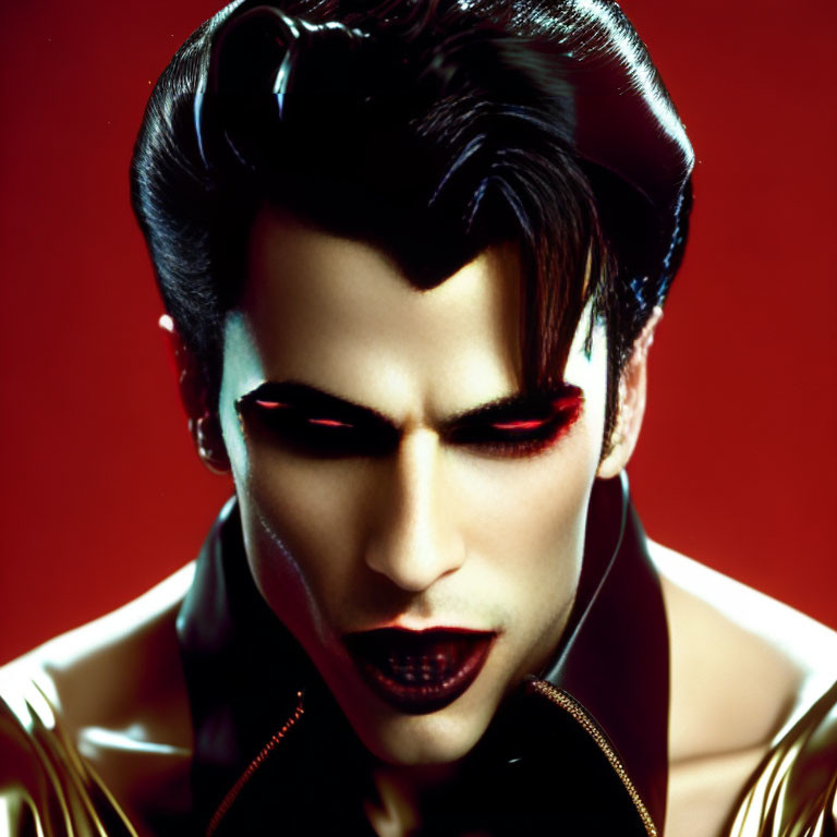 Stylized portrait of a person with slicked-back hair and fangs