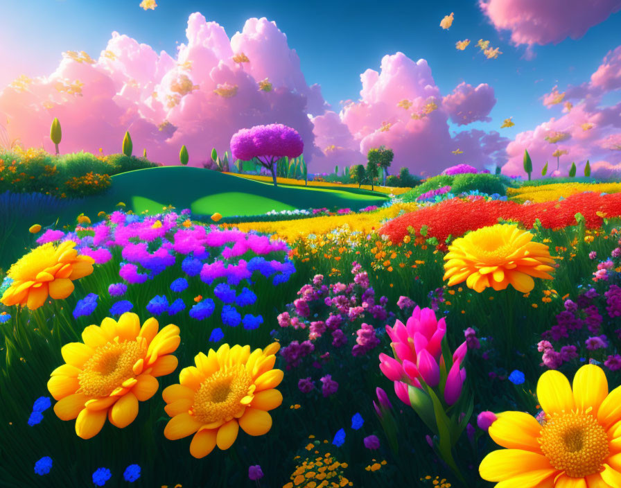 Colorful Meadow with Assorted Flowers under Pastel Sunset Sky