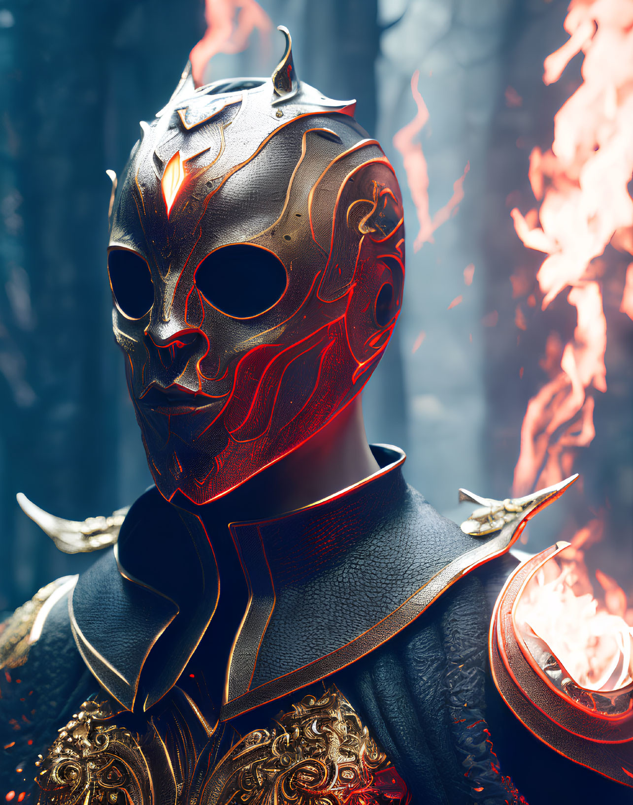 Stylized metallic mask with red glowing patterns in fiery background