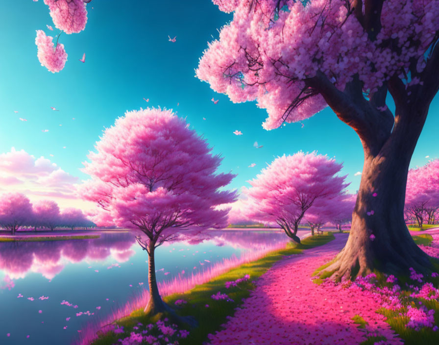Tranquil lake with pink cherry blossom trees and birds in pastel sky