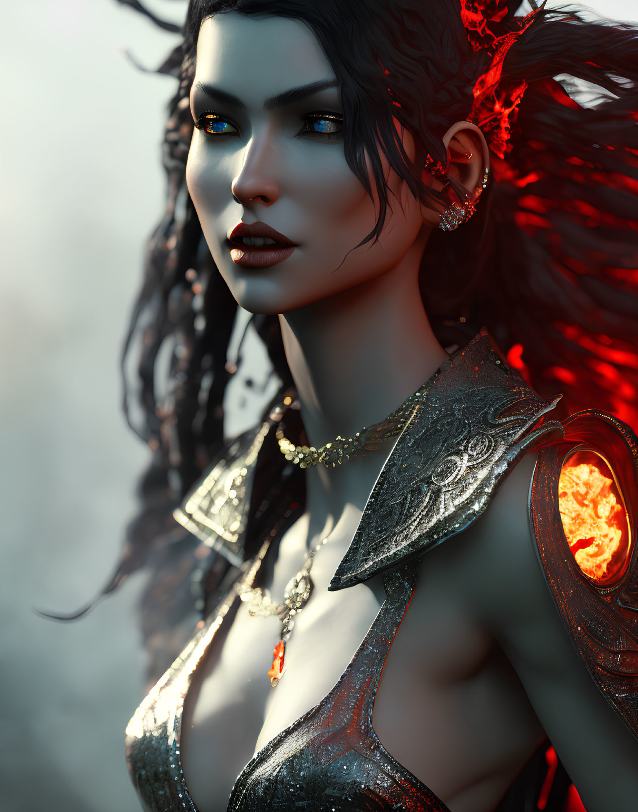 Fantasy female character with glowing orange eyes and ornate armor