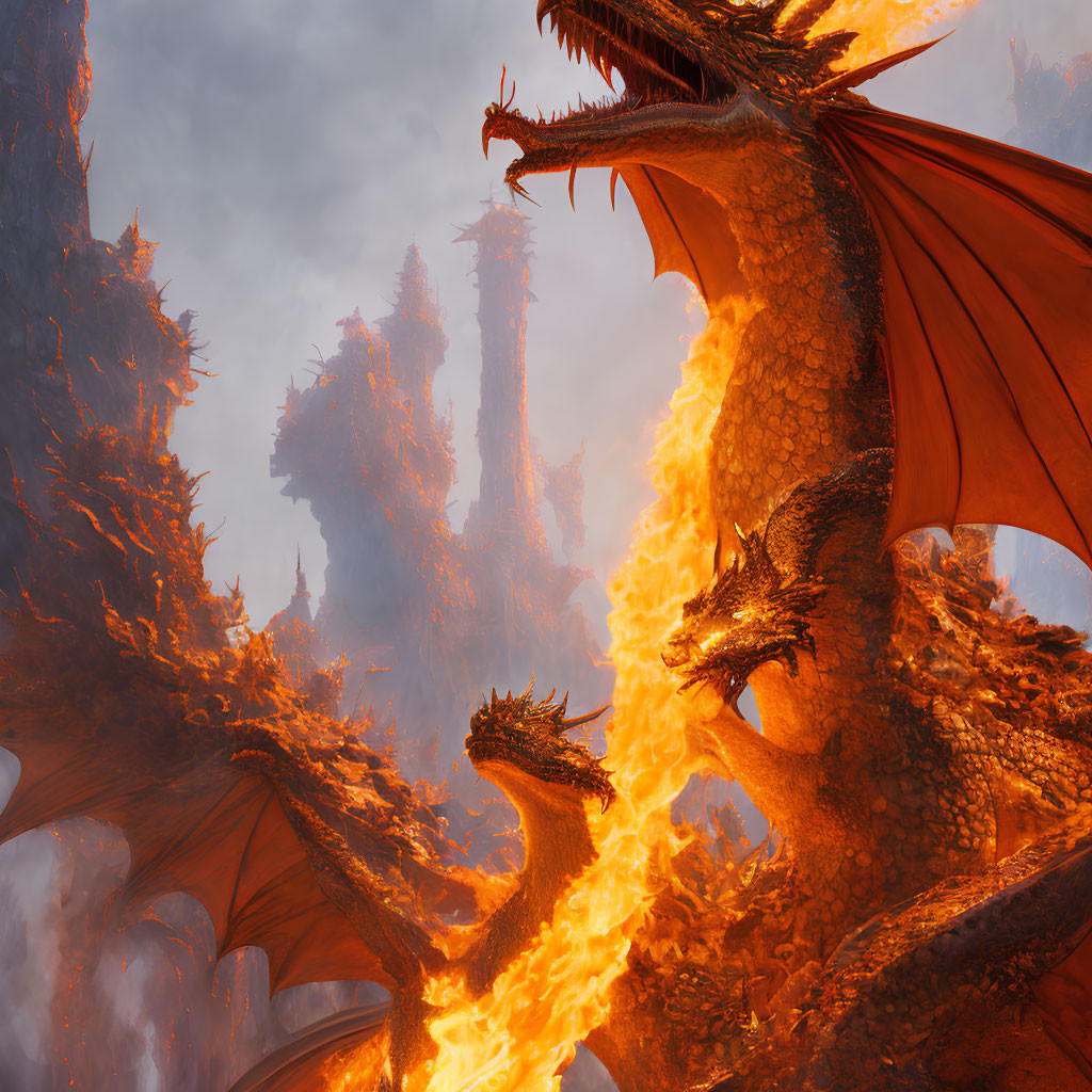 Fiery dragons in volcanic mountain landscape
