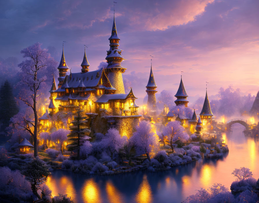 Fairytale Castle with Illuminated Towers and Cherry Blossoms by Tranquil River at Dusk
