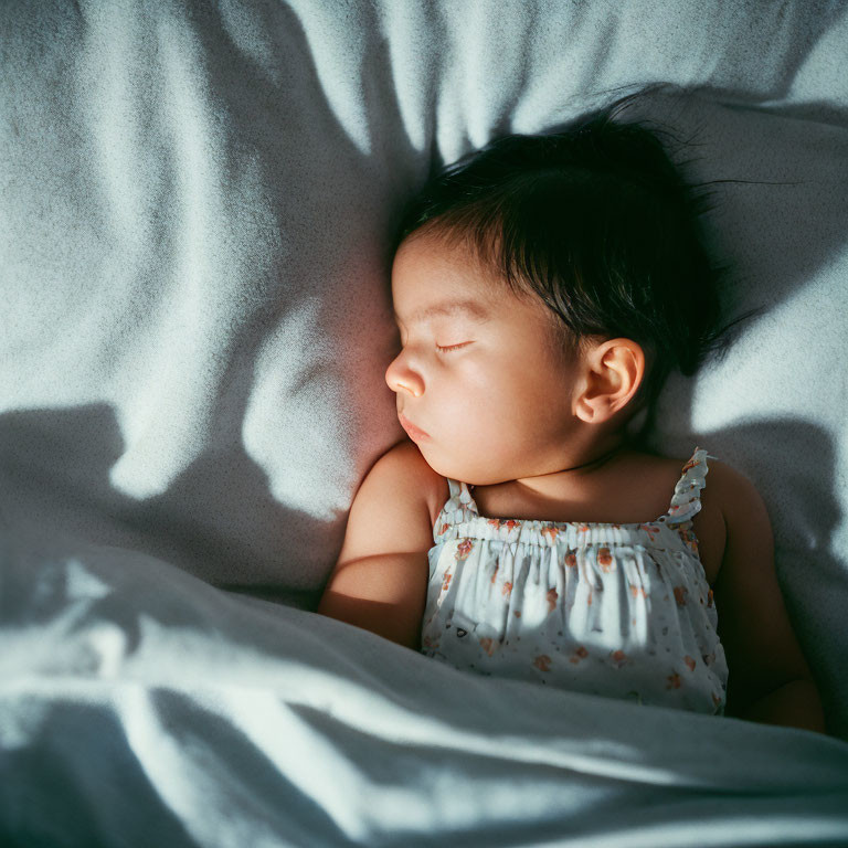 Sleeping infant on soft blanket with gentle light on face