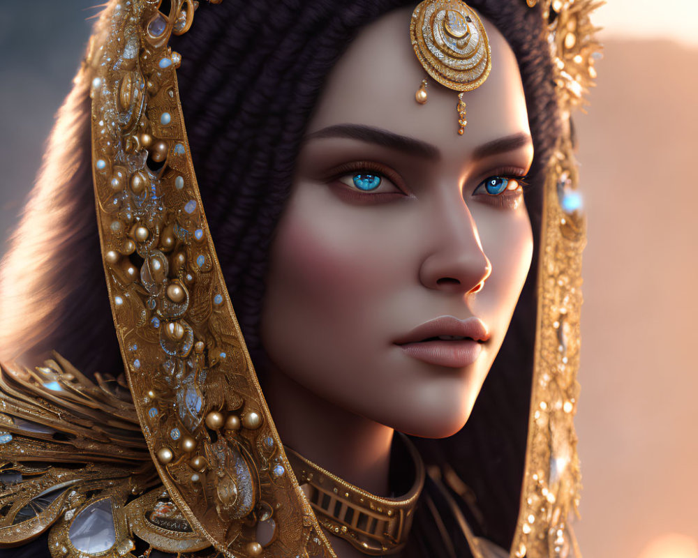 Female figure with blue eyes in golden headdress and jewelry, with knitted cap and sunset.