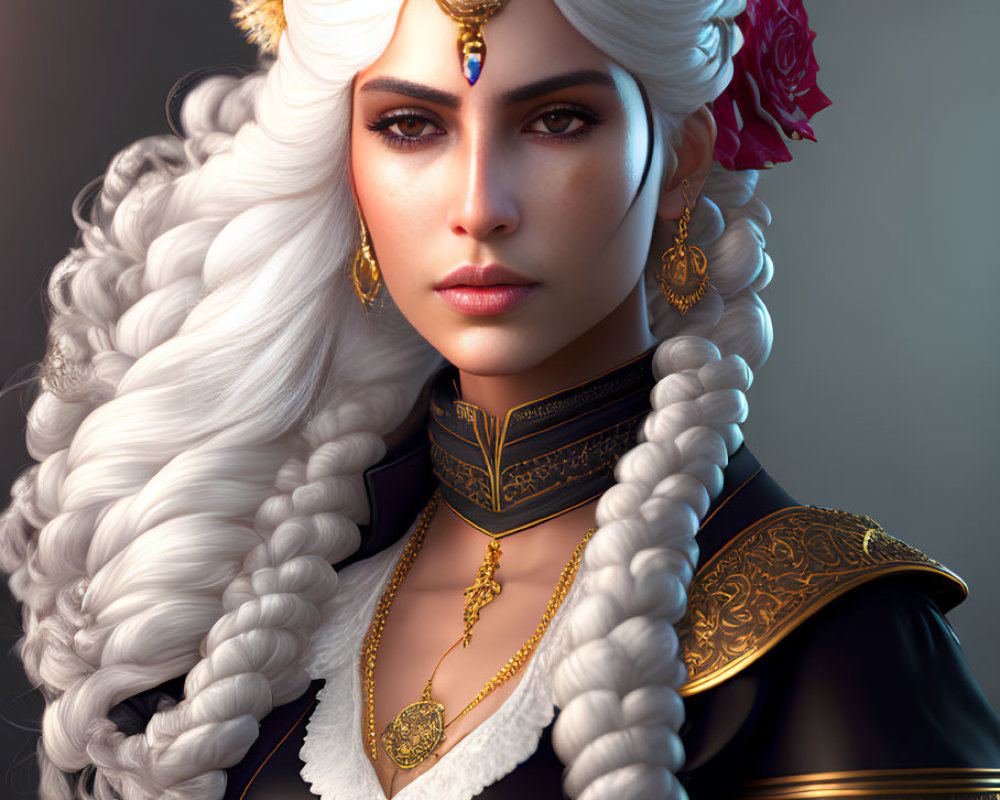 Portrait of Woman with Platinum Curls, Gold Jewelry, Red Flower, and Ornate Armor