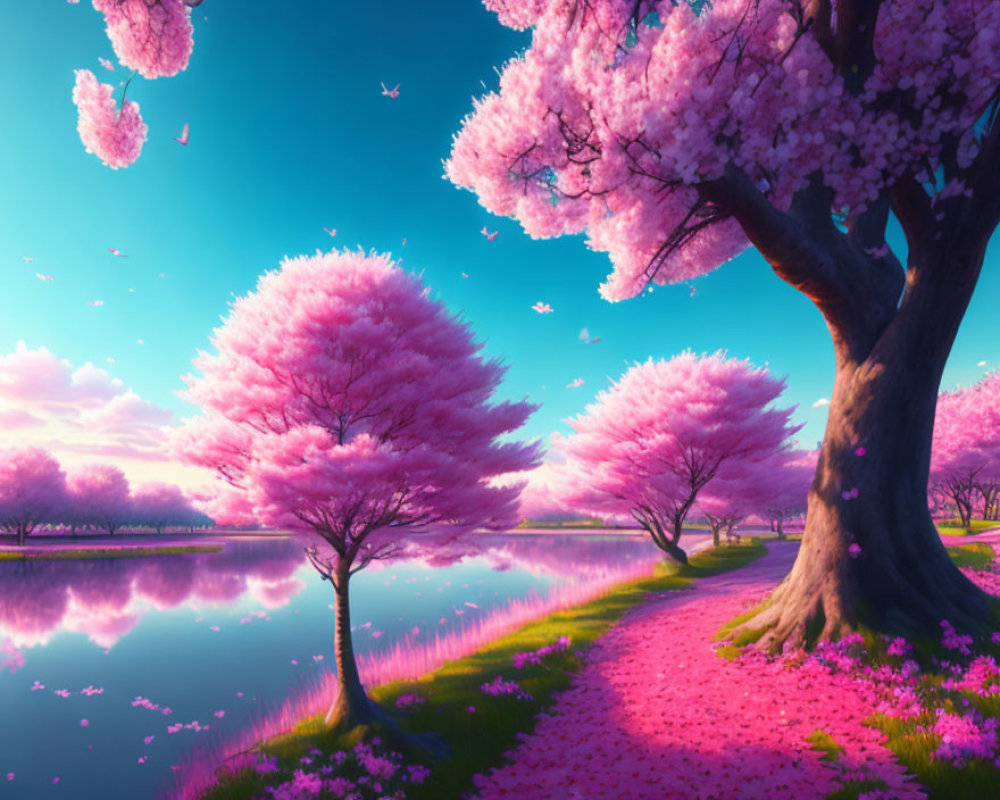 Tranquil lake with pink cherry blossom trees and birds in pastel sky