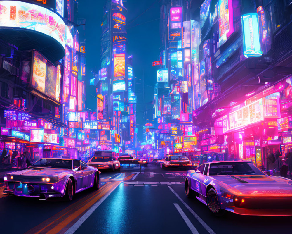 Futuristic neon cityscape with flying vehicles and skyscraper ads