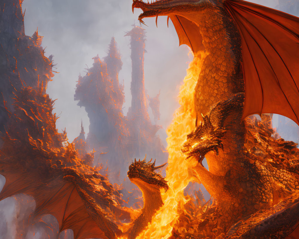Fiery dragons in volcanic mountain landscape
