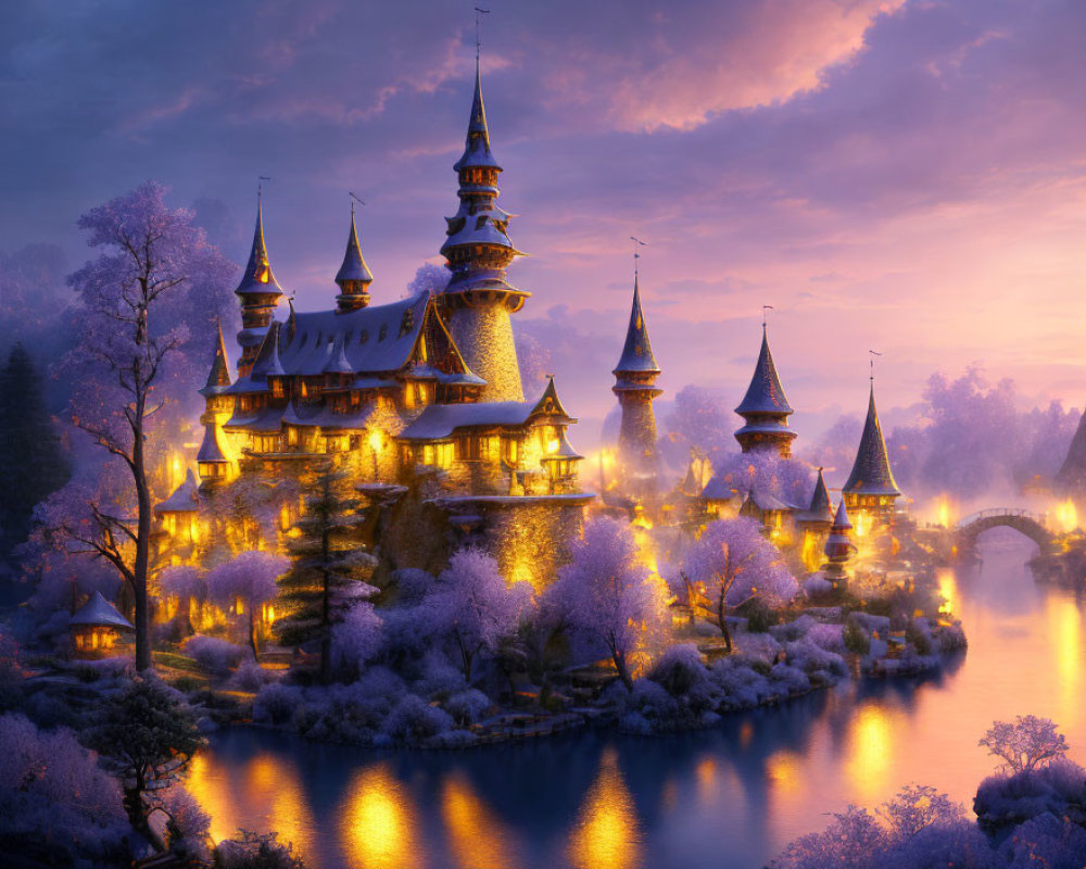 Fairytale Castle with Illuminated Towers and Cherry Blossoms by Tranquil River at Dusk