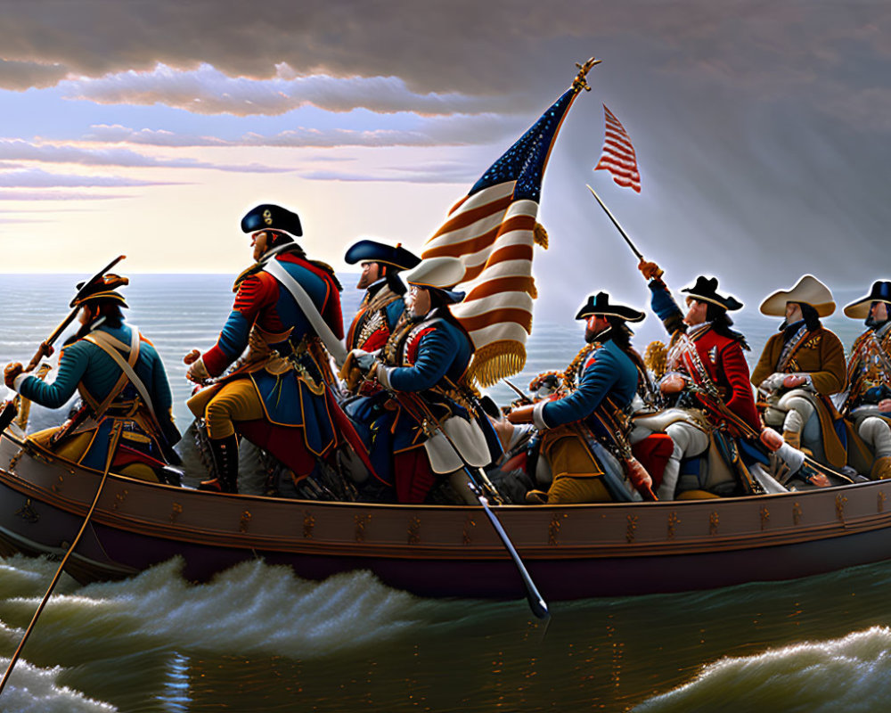 Colonial-era soldiers rowing a boat with American flag under cloudy sky