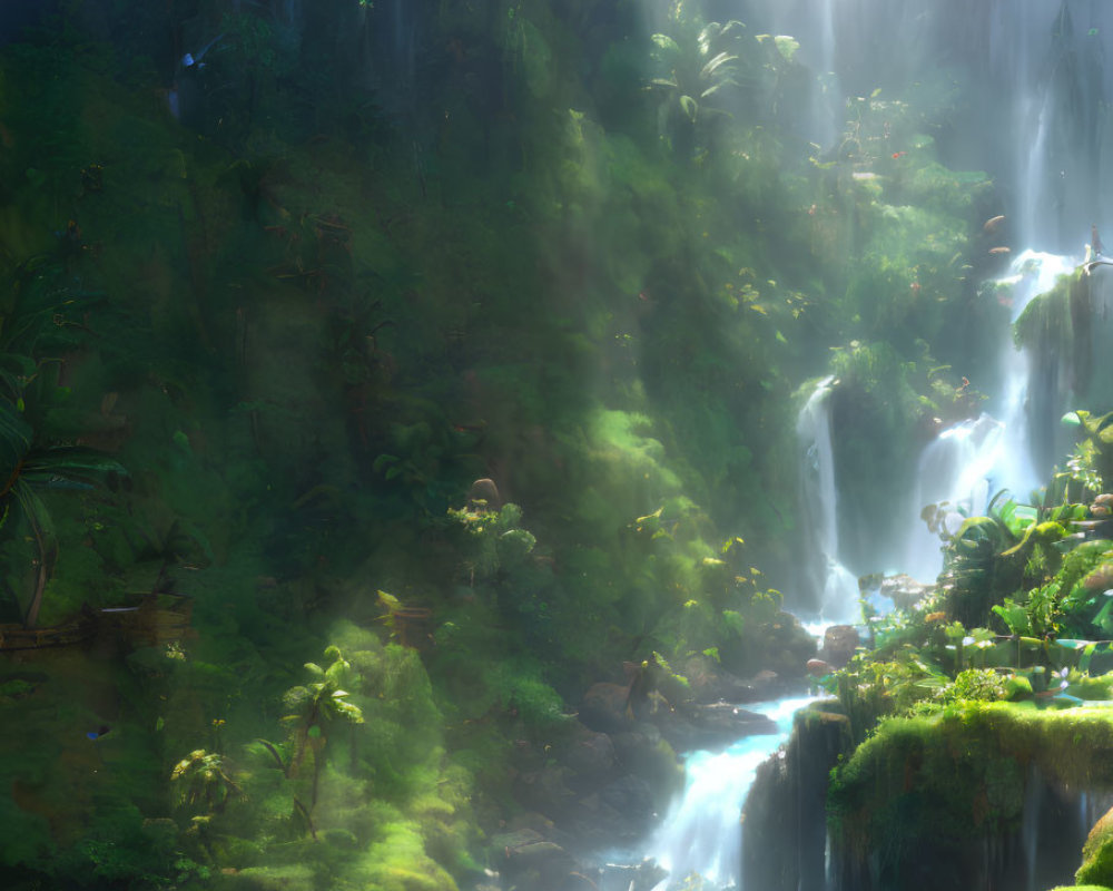 Tropical paradise with cascading waterfalls and serene river